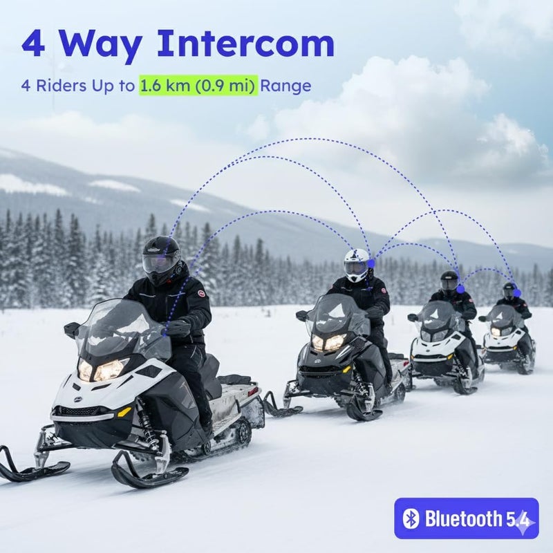MAXRUNON D10 Motorcycle Bluetooth Headset, 4-Rider Intercom, Helmet Communication System, V5.4, ENC Noise Cancelling, AI Voice Control, Audio Multitasking, FM Radio, IPX7, Fits Snowmobile/Ski, 2 Pack - Image 4
